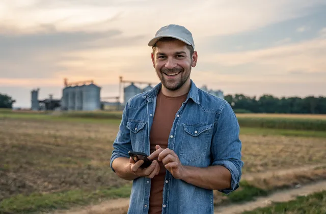 Produtor com tablet no campo